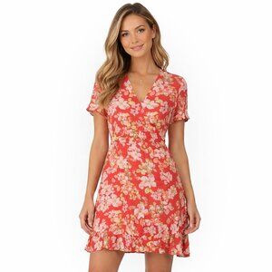 J Jill Wrap Dress Size M Petite Orange Floral Ruffled V Neck Short Sleeve Lined